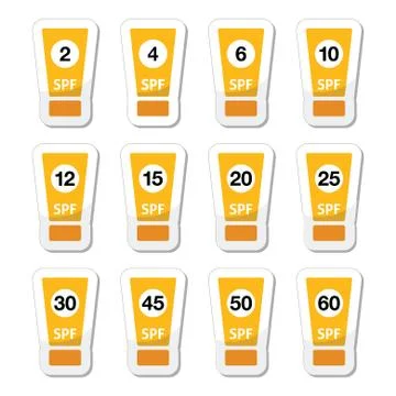 Sun cream, sunblock with factor or spv icons set Stock Illustration