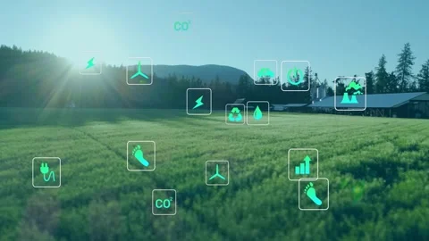 Sun cresting forest hill initiating green icons fading, clustering over farm and 스톡 동영상 327124938