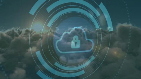 Sun cresting horizon initiating security HUD activating cloud padlock icon Stock Footage 310864367