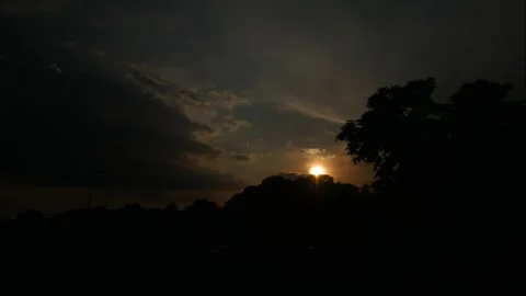 The sun dies behing treetops covered by dark clouds Stock Footage 273588628