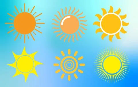 Sun of different shapes with rays on blue gradient background Illustrazione stock