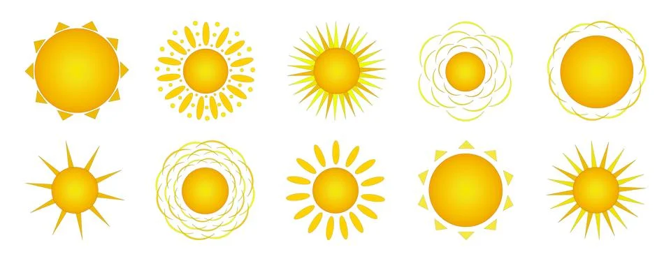 Sun with different variants of rays, set. Summertime. Illustrazione stock