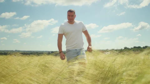 As the sun dips below the horizon, a man stands in a field, arms outstretched Stock Footage 248321074