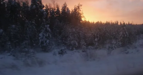 As the sun dips, the train provides a panoramic view of woods, their snowy Video stock 252942530