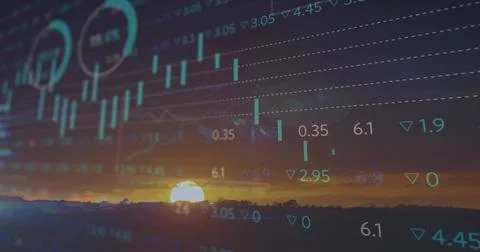 Sun disc glowing through dusk sky on rural horizon, with teal financial chart Stock Photos