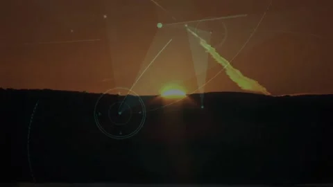 Sun disk climbing above dark hill ridge in 3D render, glowing teal HUD elements Stock Footage 327004499