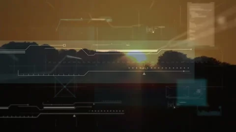 Sun disk peeking above treetops, displaying HUD line graphs and dot matrices Stock Footage 309108569