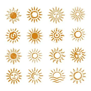 Sun Doodle Clipart Set. Hand Drawn Boho Sun Icons Stock Illustration