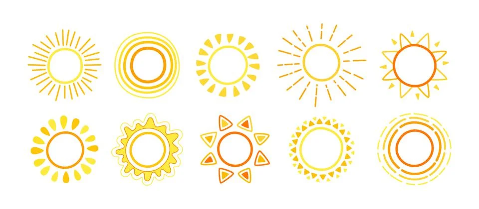 Sun doodle hand drawn set sunbeams cartoon vector Stock Illustration