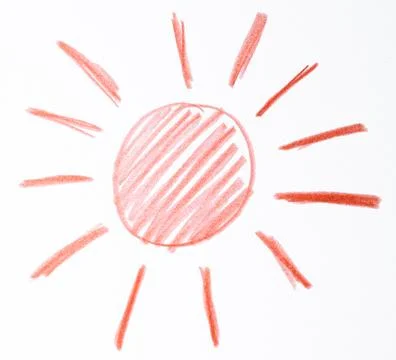 A sun drawn with red pencil lines on a white background Stock Illustration