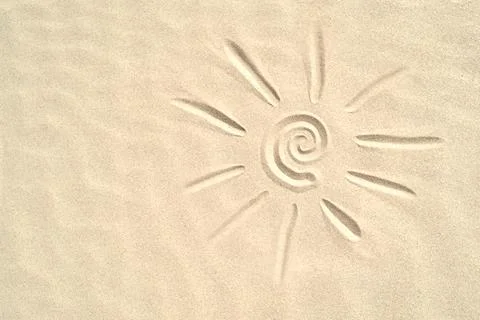 Sun drawn on the sand with copy space,Summer concept Stock Photos
