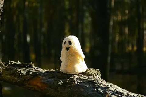 A sun-drenched ghost toy stands sideways on a tree trunk in the forest Stock Photos