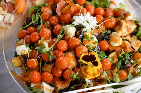 Sun-dried cherry tomatoes with herbs, sauce and cheese Stock Photos