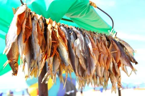 Sun dried fish on the beach Foto stock