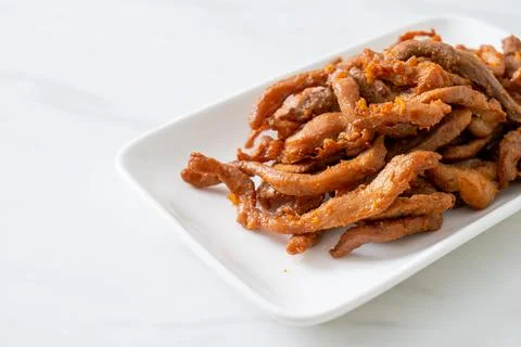 Sun-Dried Pork on white plate Stock Photos