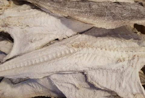 Sun-dried salted codfish (bacalao) at the supermarket Stock Photos