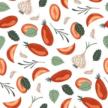 Sun-dried tomatoes seamless pattern. Fresh summer vegetables background. Stock Illustration