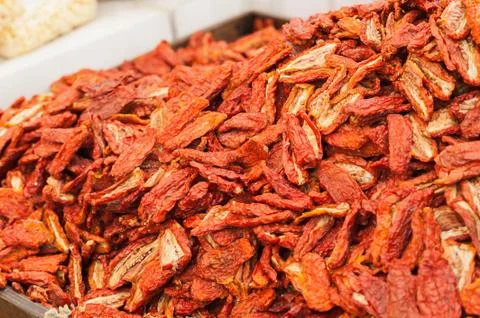 Sun-dried tomatoes from top view. Stock Photos