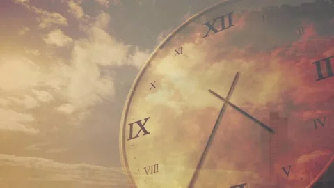 Sun drifting starting hands rotating clockwise over Roman dial, showing time Stock Footage 329833208