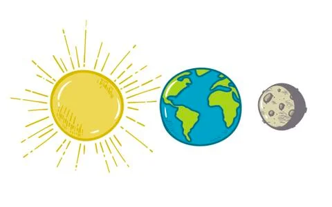 Sun, earth and moon vector flat icon set. Sketch, doodle , isolated on white. Stock Illustration