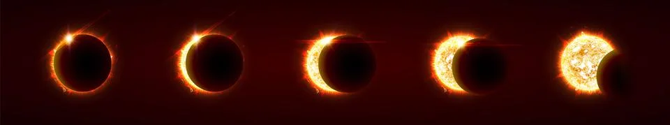 Sun eclipse, total and partial solar eclipse, several phases. Sun, moon and Stock Illustration