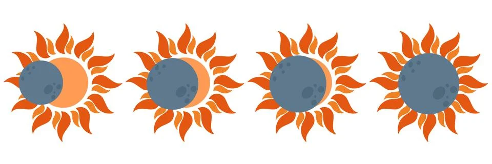 Sun eclipse, total and partial solar eclipse, several phases. Sun and moon ar Stock Illustration