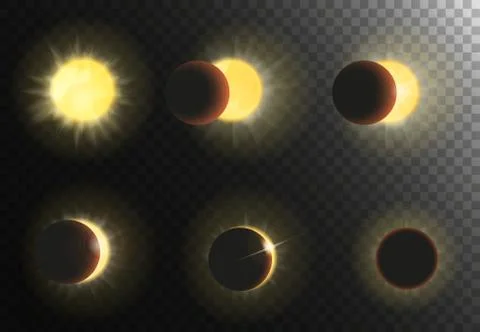 Sun eclipse vector illustration. Different phases of solar eclipse set. 스톡 일러스트