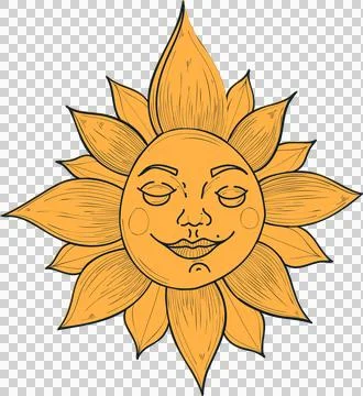Sun emblem is floating on transparent background, showing hand-drawn petal rays Illustrazione stock