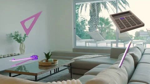 Sun entering window starting purple gadget rotating, pen sliding, calculator Stock Footage 333789962