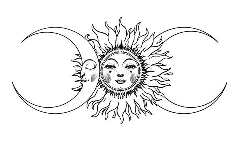 The sun with a face and the crescent moon with closed eyes. Mystical hand d.. Stock Illustration