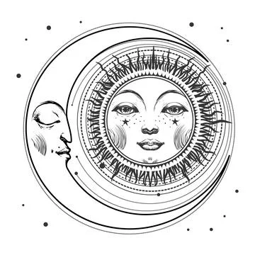 Sun with face and crescent moon, mystical boho illustration, astrology print Stock Illustration
