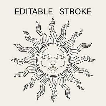 Sun with face, closed eyes. Editable stroke Stock Illustration