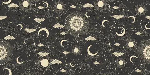 Sun with face, clouds and stars, seamless celestial pattern for fabric, vintage Stock Illustration