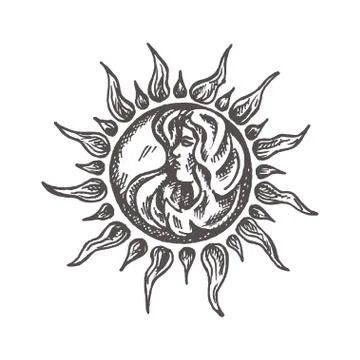 Sun with face stylized as engraving Hand drawn Vector astrology symbol Illustrazione stock