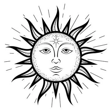 Sun face symbol with wavy rays, vintage style sunshine, vector Stock Illustration
