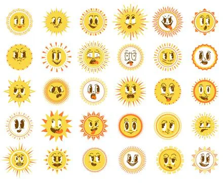 Sun faces elements. Morning sunshine, happy cute cartoon suns. Isolated Stock Illustration