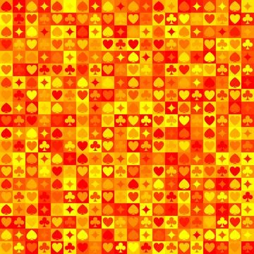 Sun fire red and orange colored vector playing cards suits seamless patterns Stock Illustration