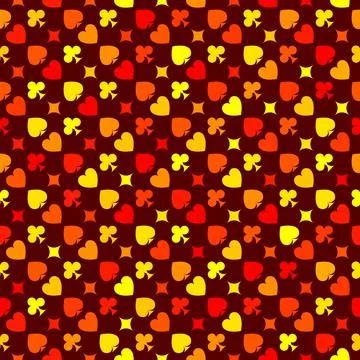 Sun fire red and orange colored vector playing cards suits seamless patterns Иллюстрация