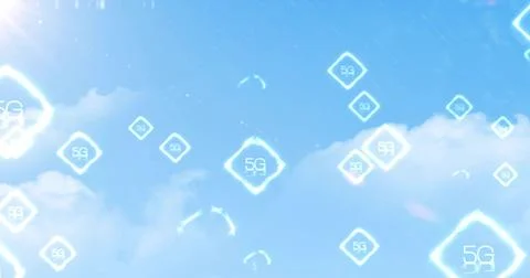 Sun flare activating glowing 5G diamond icons drifting across blue sky, イラスト素材