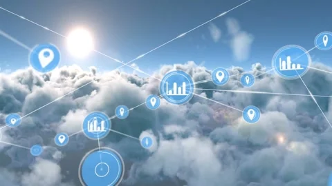 Sun flare initiating aerial network of blue circular icons linking and pulsing Stock Footage 330161190