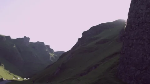 Sun flare on mountains, Winnats pass the beautiful peak District , dolly shot  Stock Footage 85656292