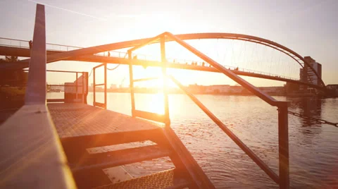 Sun flare. romantic sunset. bridge landscape. lake pond Stock Footage 33791845