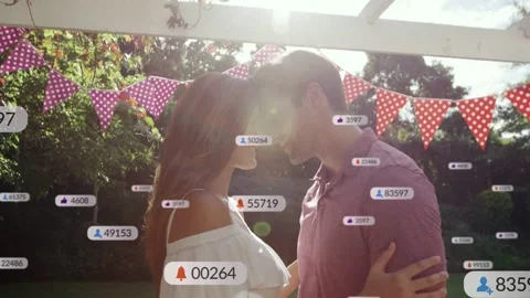 Sun flare sparking badges growing while couple pressing heads and embracing, Stock Footage 332625416