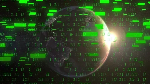 Sun flare sparking green binary stream falling and covering Earth, showing data Stock Footage 328417777