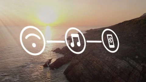 Sun flare starting rings expanding to linked signal music phone icons holding Stock Footage 334242328