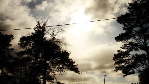 Sun flashing through the forest trees and sky with clouds Stock Footage 1192885