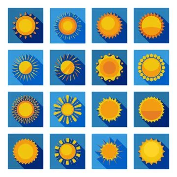 Sun Flat Icons In Isolated Blue Squares 스톡 일러스트