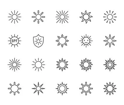 Sun flat line icons set. Sunshine, sunny day, summer heat, morning sunlight, hot Stock Illustration