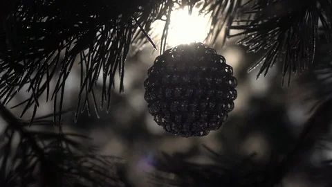 Sun in frame, needles of pine and rotating gray metallic Christmas tree ball Stock Footage 87872449