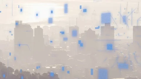 Sun glare activating blue data graphics over skyline, elements emerging, tracing Stock Footage 332981477